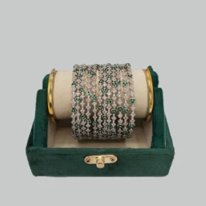 Emerald and Diamond Rhodium-Plated Bangle Set (Traditional Indian Kangan / Churi Set)