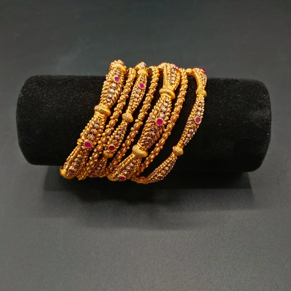 Antique Gold Temple Kada / Bangle Set (with Ruby Accents set of 7)